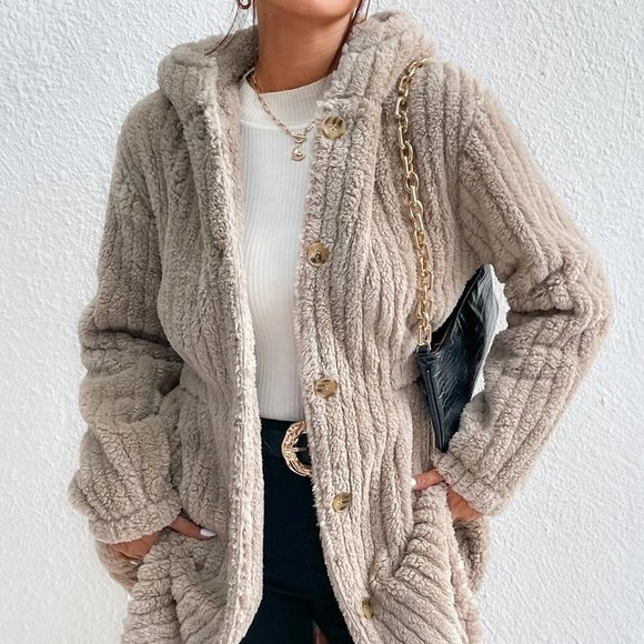 Khaki Casual Womens Button Front Hooded Teddy Coat - Picture 2 of 5